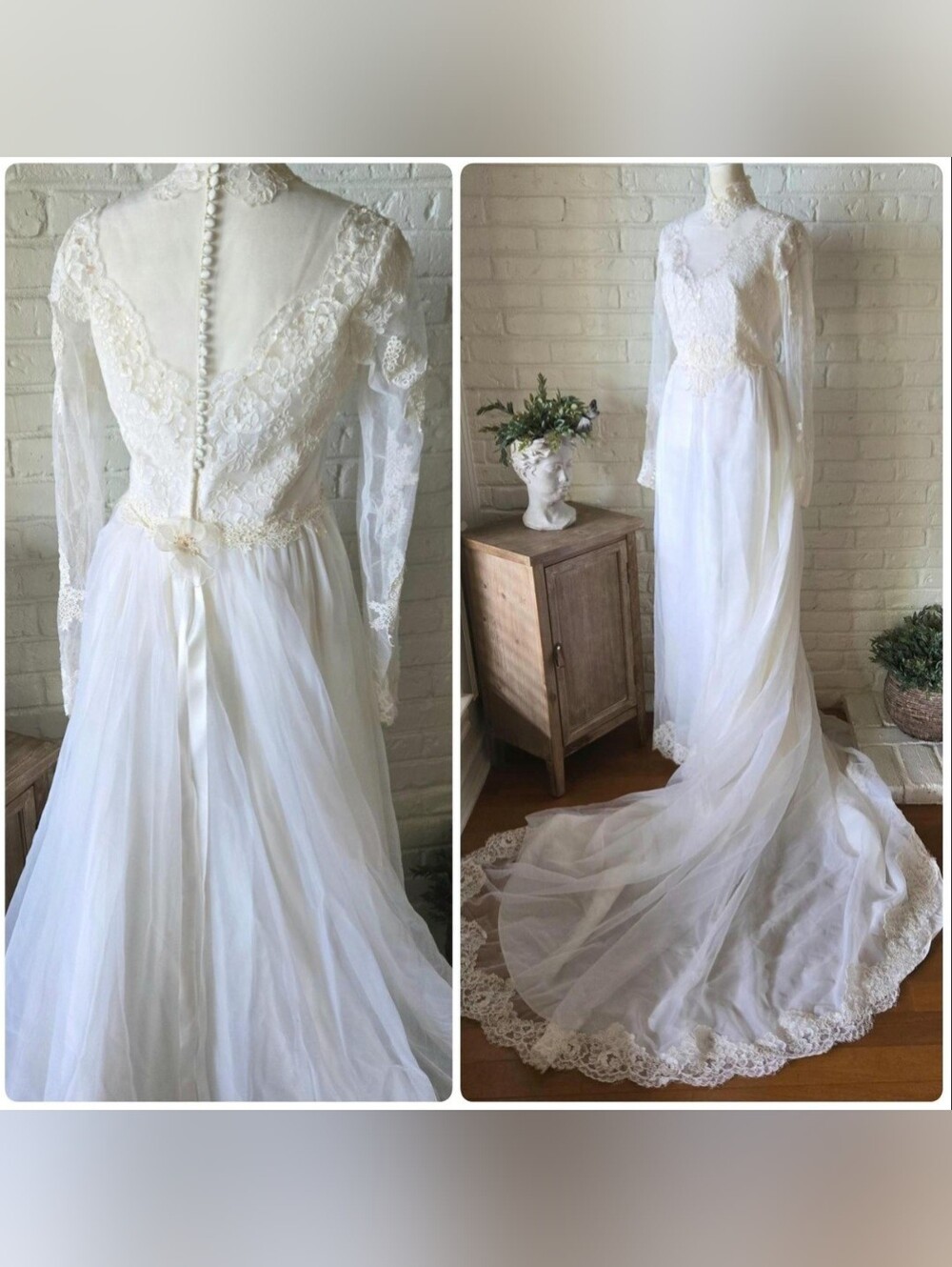 Vtg Alfred Angelo 60s 70s Flower Wedding Gown, Ivory, 4/S